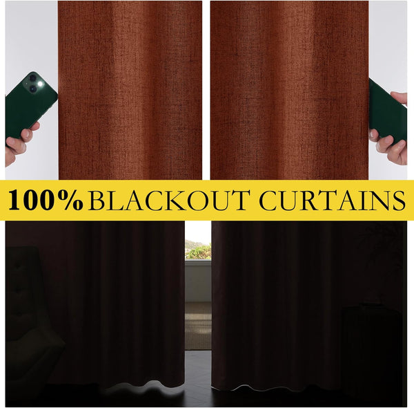 Rust textured blackout curtains. Panels block light from a phone flashlight, completely darkening a room.