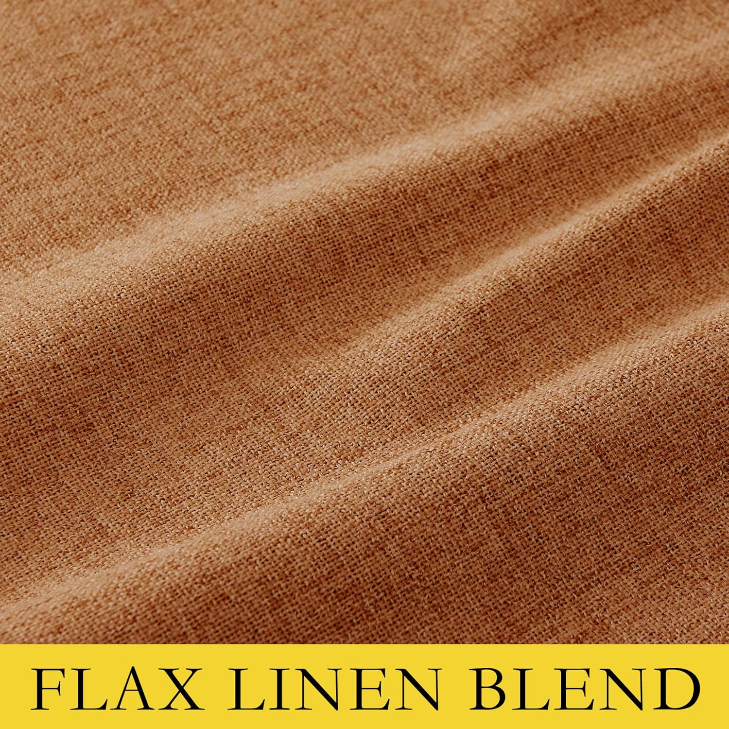 Close-up of a rust-colored, visibly textured flax linen blend fabric with a coarse weave and soft folds.