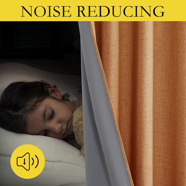 Rust textured noise reducing curtain with grey thermal lining, ensuring peaceful sleep for a child.