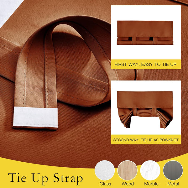 Rust colored tie-up window shade with strap, showing two ways to tie it: rolled and bowknot.