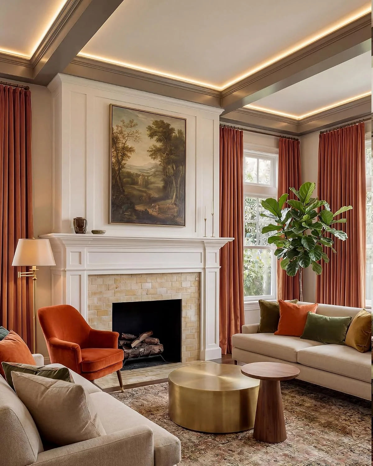 Rust velvet curtains framing bright windows in a traditional living room with fireplace