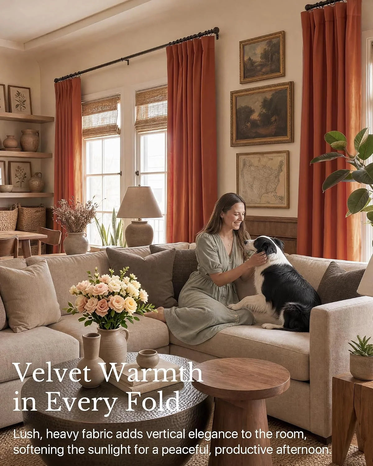 Rust velvet curtains hanging in a warm neutral living room with sofa, artwork, and a woman with her dog