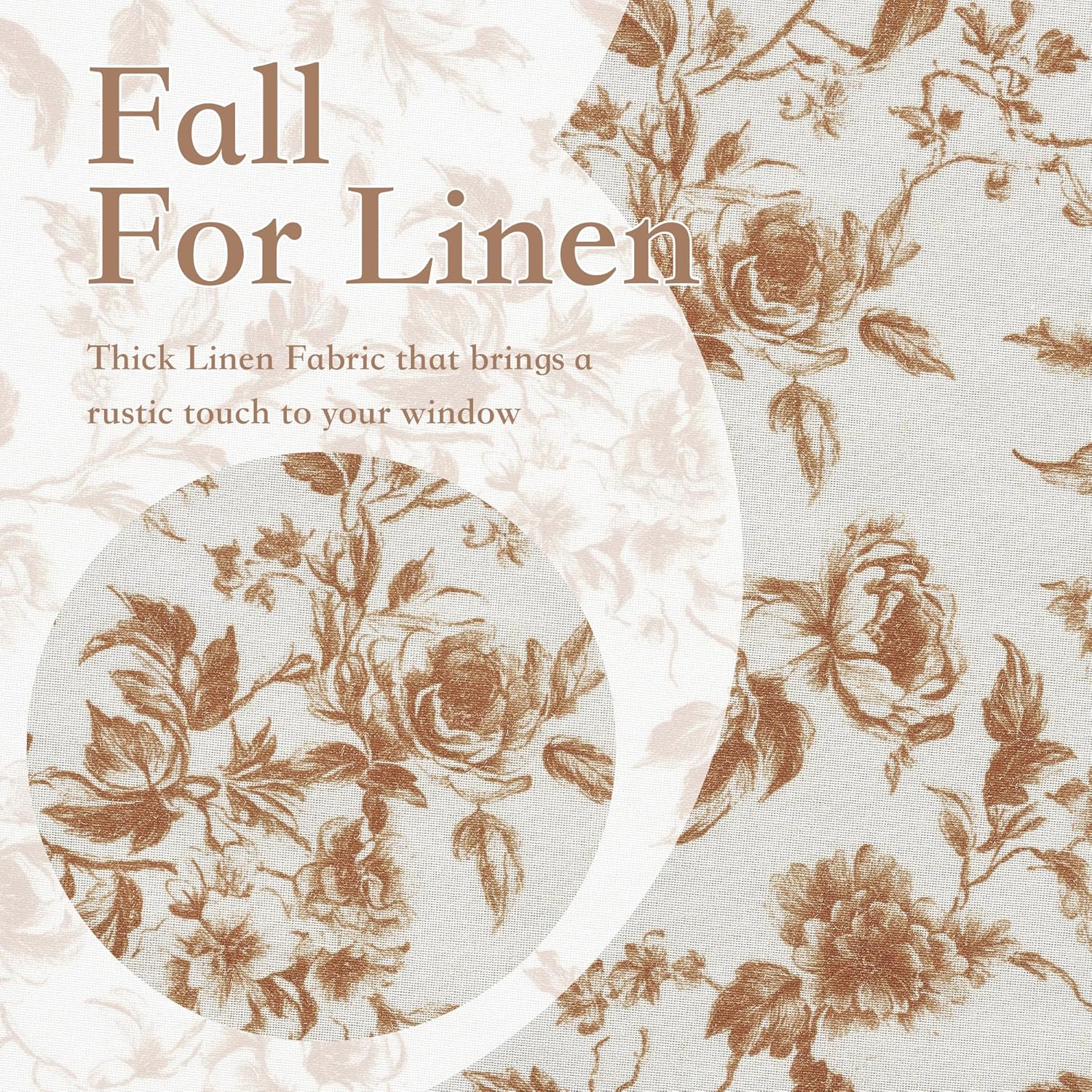 Thick white linen fabric with a rustic brown floral pattern of roses and vines.