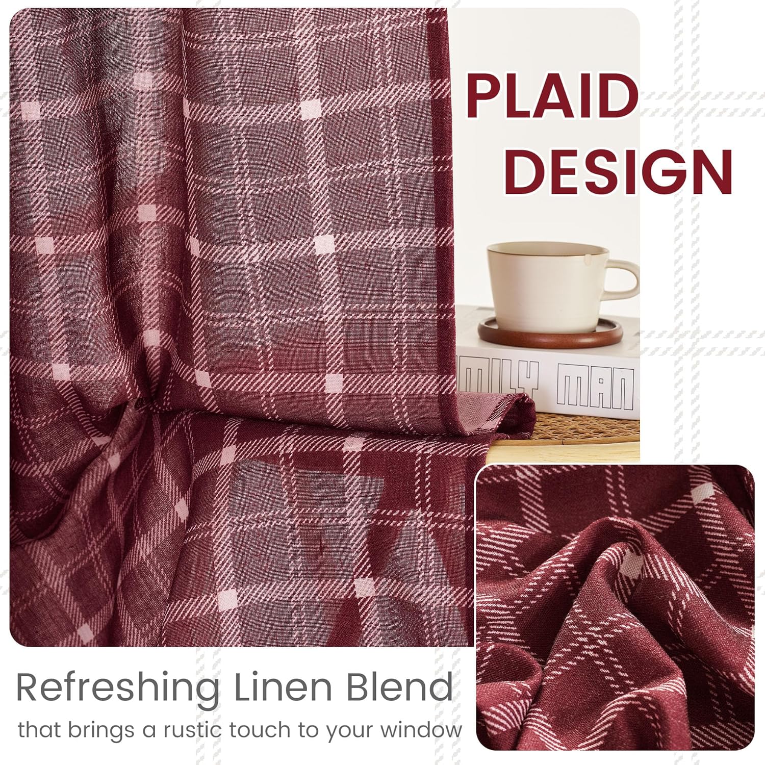 Close-up of rustic burgundy plaid linen blend curtain fabric, featuring light grid lines and visible texture.