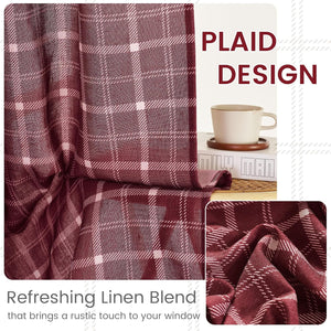 Close-up of rustic burgundy plaid linen blend curtain fabric, featuring light grid lines and visible texture.