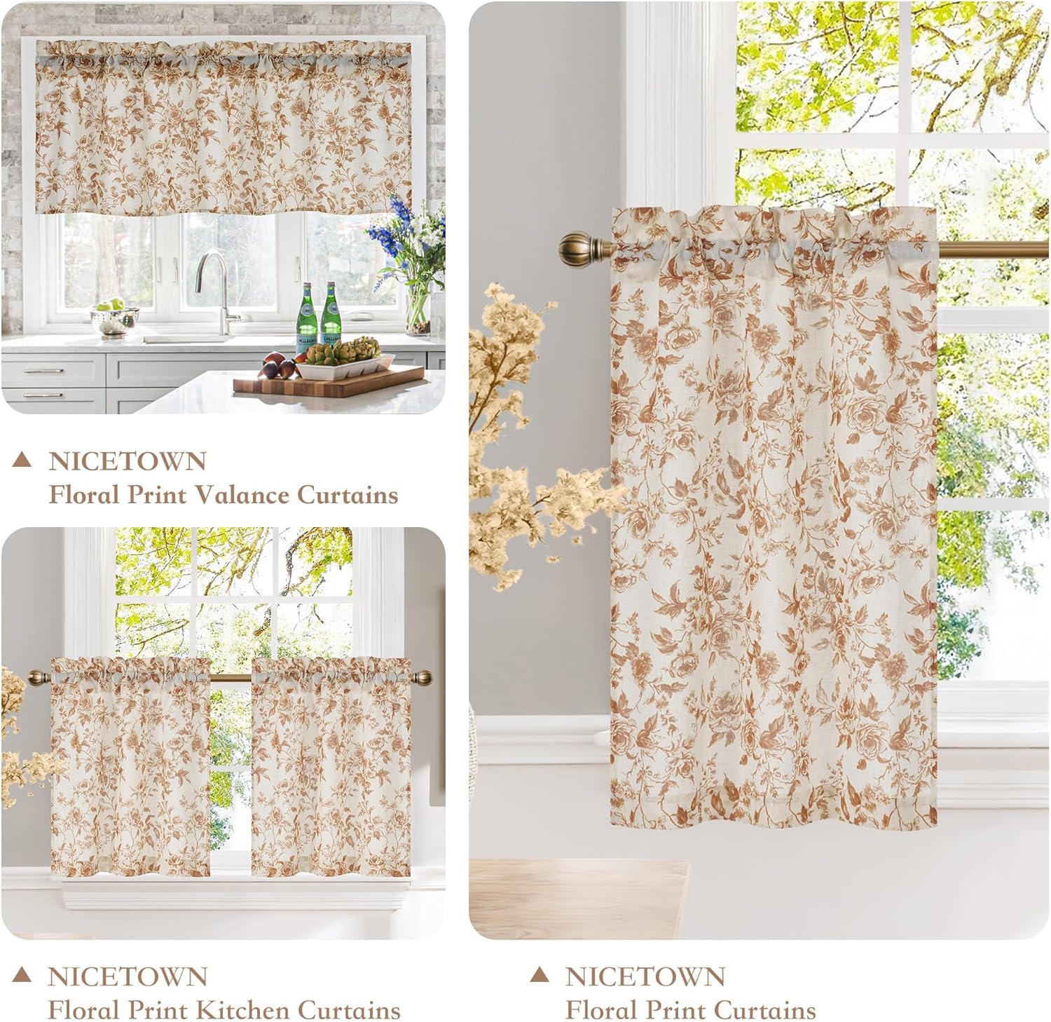 Beige curtains with rustic brown floral rose pattern, displayed as valance and tier kitchen window treatments.