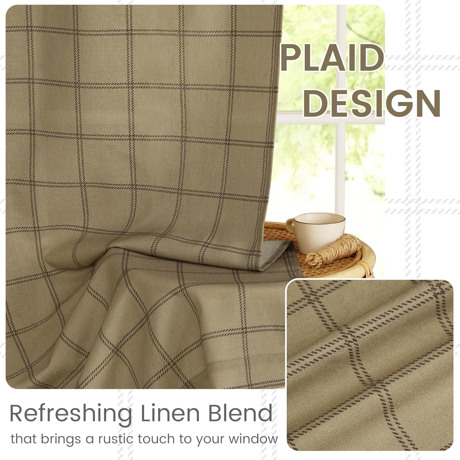 Rustic khaki linen blend curtain with a dark brown stitched plaid pattern hanging by a window.
