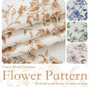 Rustic brown flower pattern on an off-white linen blend fabric with a visible weave.