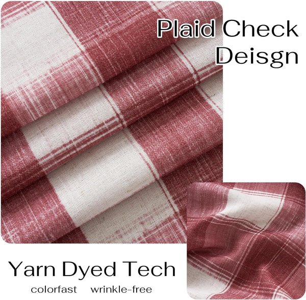 Rustic red and cream yarn-dyed plaid fabric with a visible woven texture and soft folds.