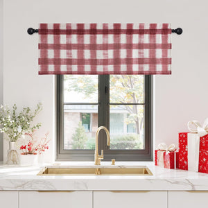 Rustic red and white gingham window valance hanging on a black rod over a modern kitchen sink.