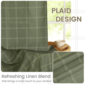 Sage green linen blend curtain with subtle plaid pattern. Rustic texture visible, draped by a window.