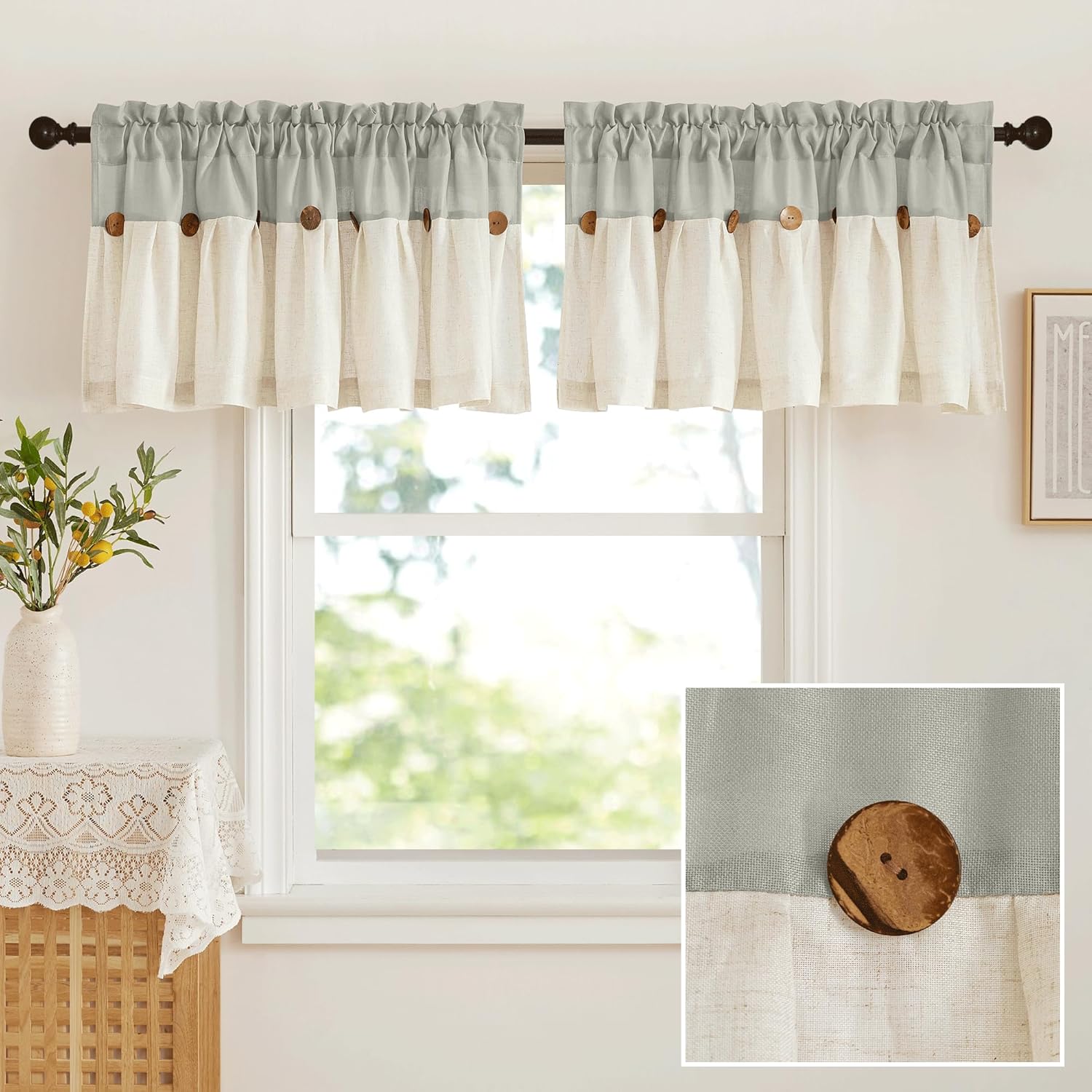 Rustic two-tone window valance with a light grey-green top and natural linen bottom, accented by decorative wood buttons.