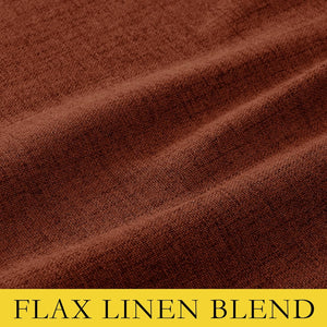 Close-up of a rich, rusty terracotta flax linen blend fabric showing its natural textured weave and soft folds.