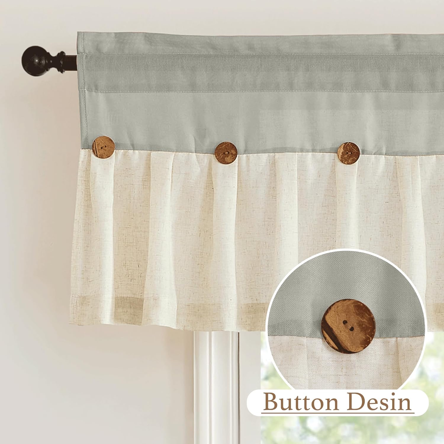 Two-tone sage green and natural beige linen valance with three decorative wooden buttons.