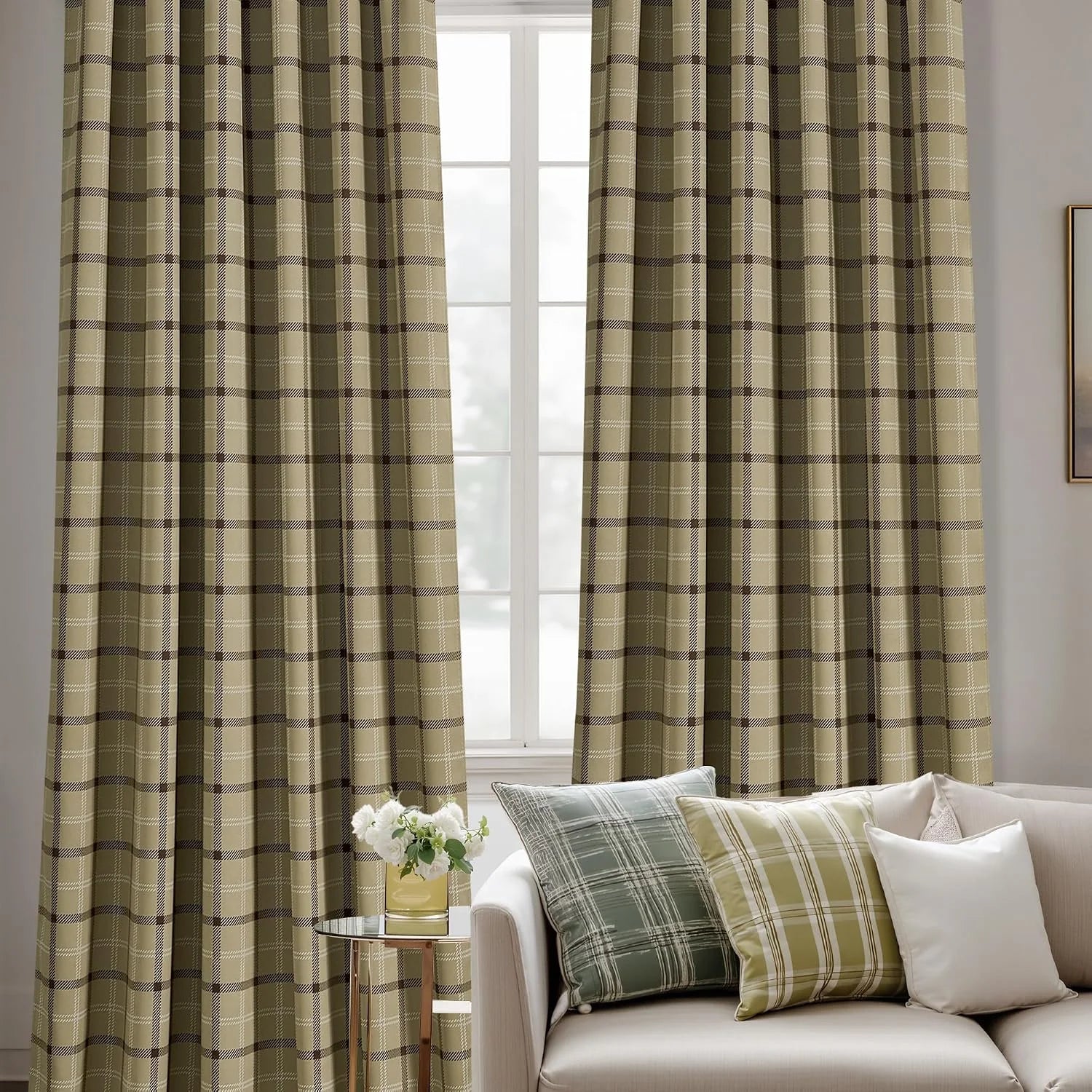 Sage and beige plaid curtains hanging beside a bright window in a cozy living room