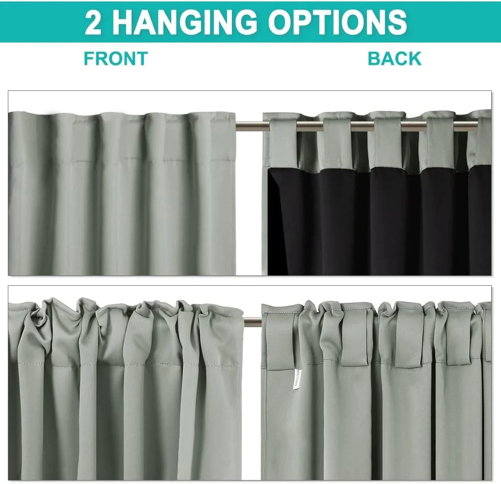 Sage green blackout curtain panel showing front and back hanging options on a rod