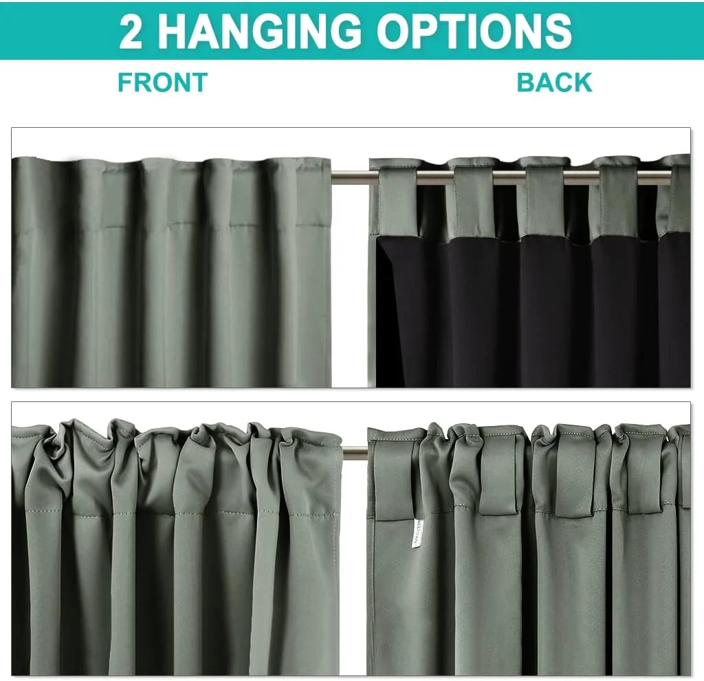 Sage green blackout curtain panel showing front and back rod pocket hanging options