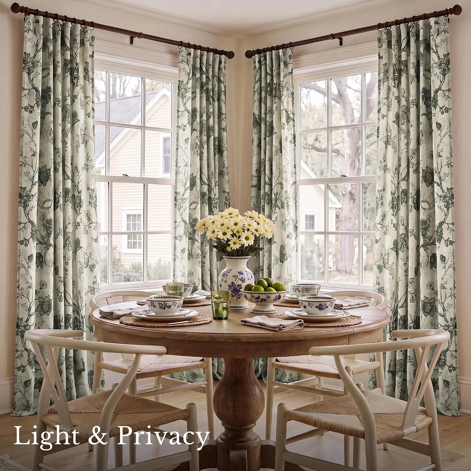 Sage green botanical curtains framing bright dining room windows above a round wood table