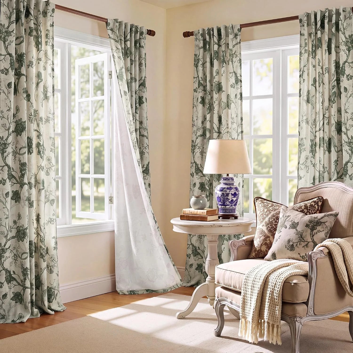 Sage green botanical print curtains framing bright windows in a cozy traditional room