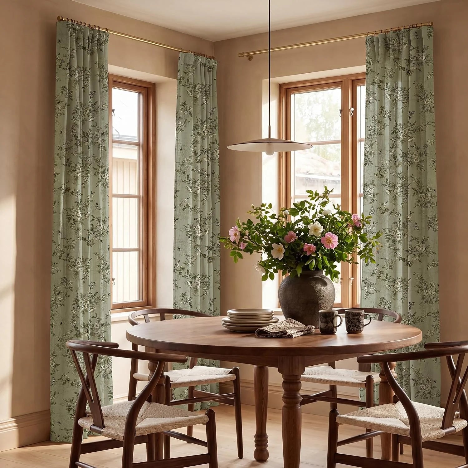 Sage green botanical curtains on brass rods in a warm wood dining room