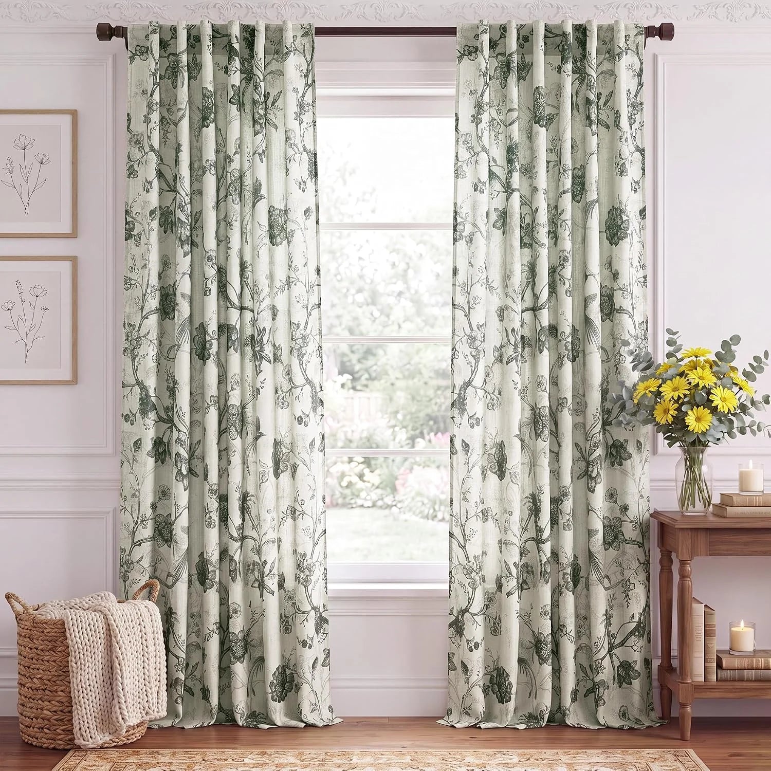 Sage green botanical print curtains on a rod in a bright traditional room