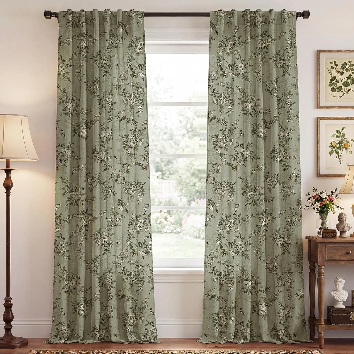 Sage green floral curtains with rod pocket hanging in a traditional living room