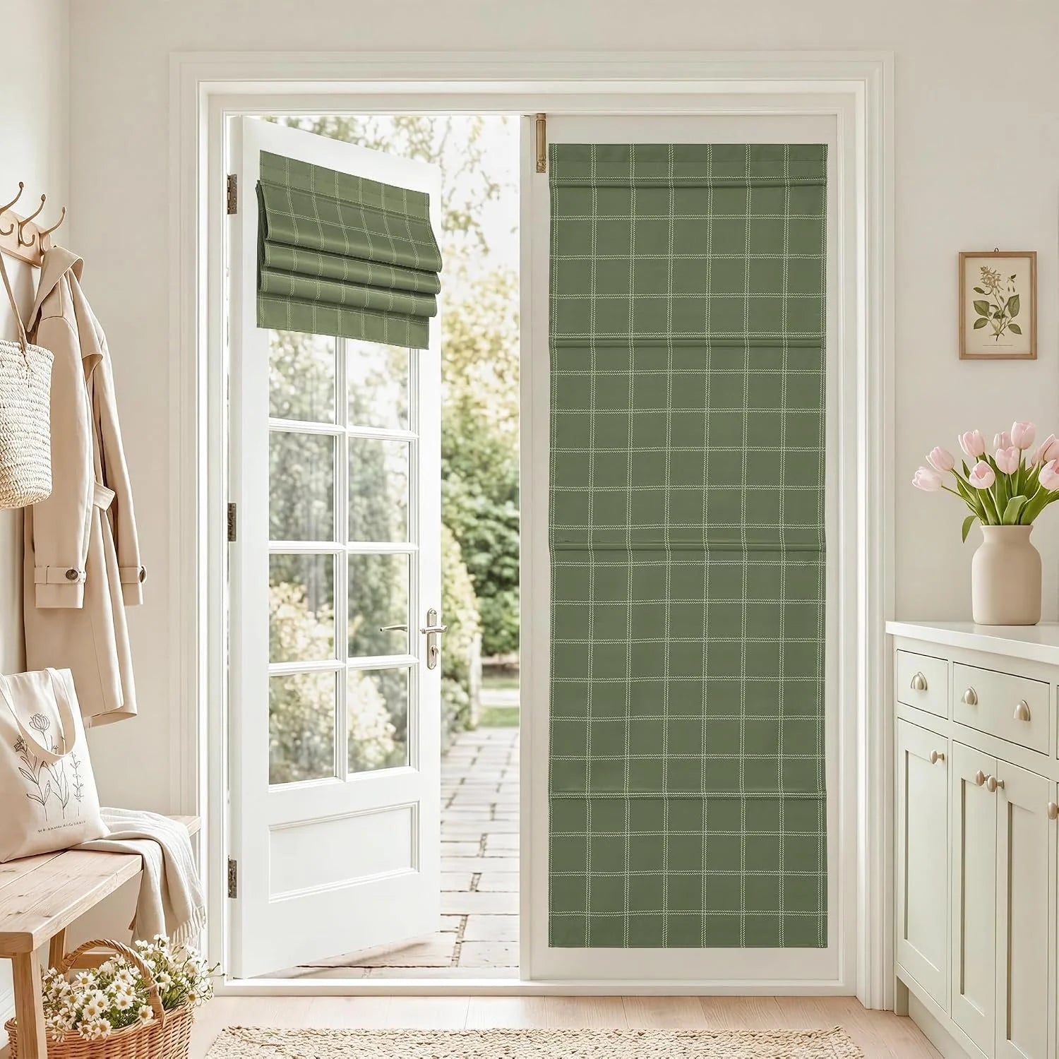 Sage green check Roman blinds on a glass patio door in a bright entryway