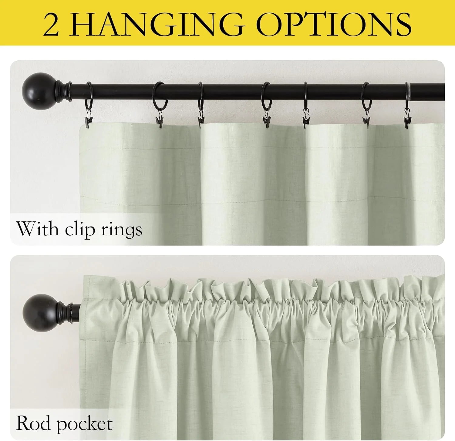Sage green curtain panel showing clip rings and rod pocket hanging options