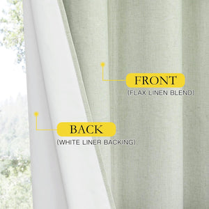 Close-up of a sage green flax linen blend curtain, revealing its thick white liner backing for room darkening.