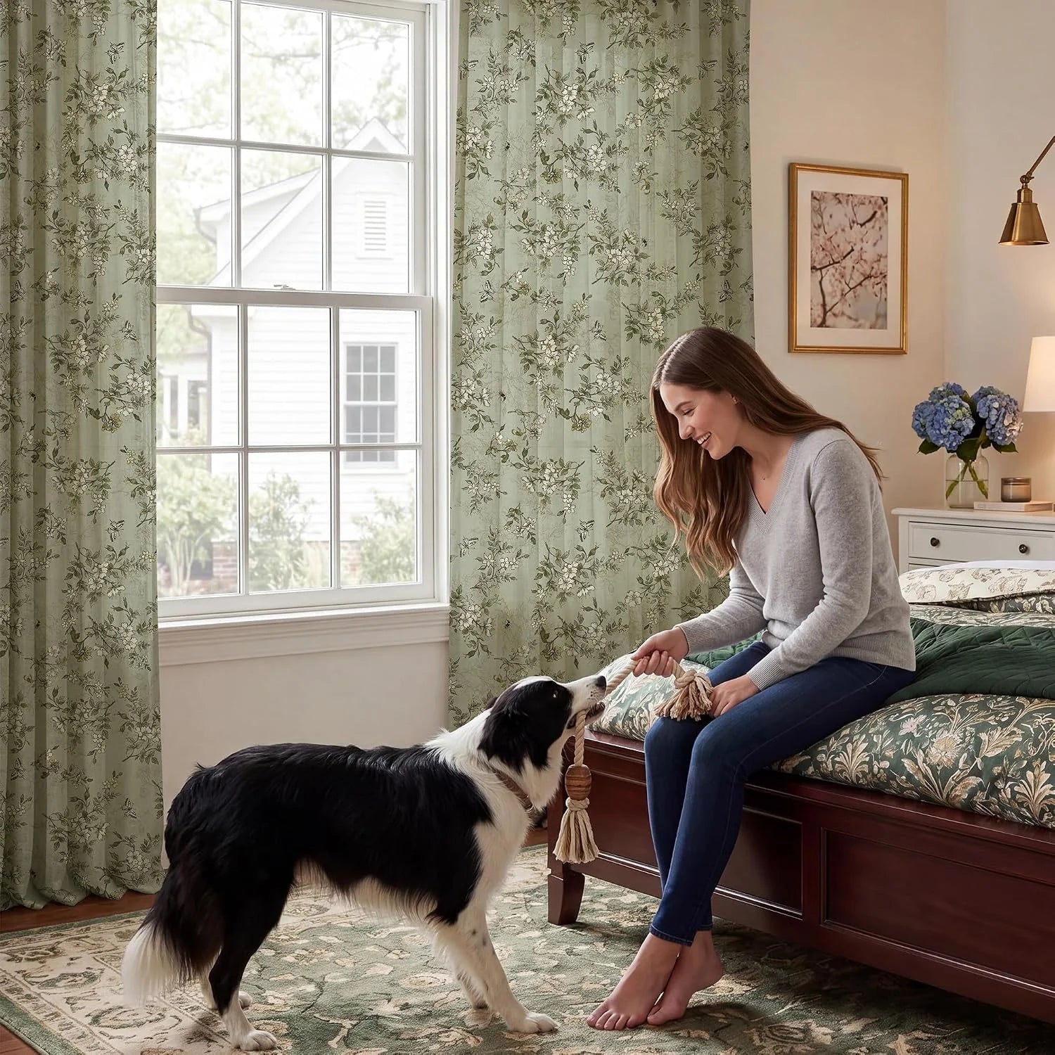 Sage green floral curtains framing a bright bedroom window beside a wooden daybed