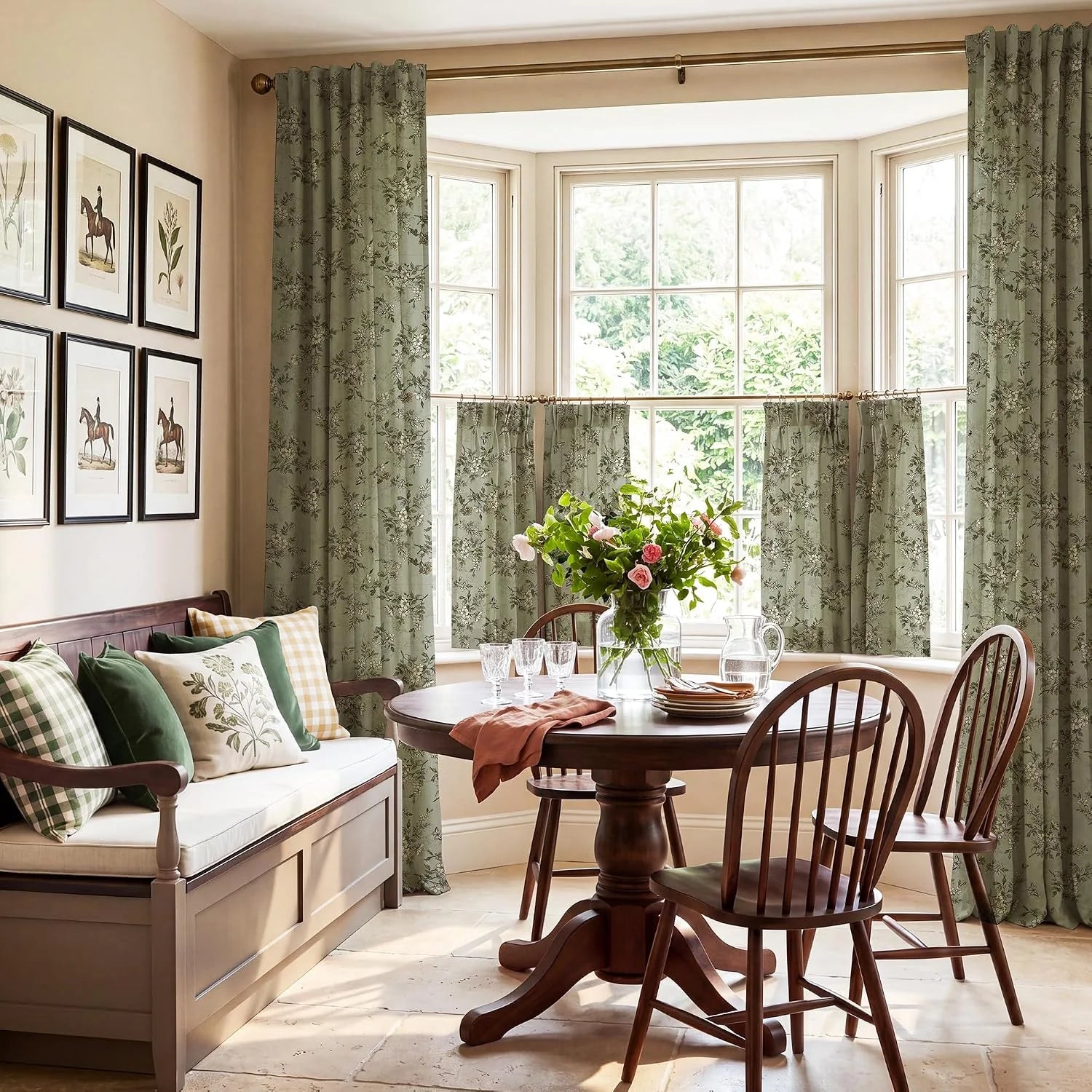 Sage green floral curtains and cafe panels in a bright traditional dining nook