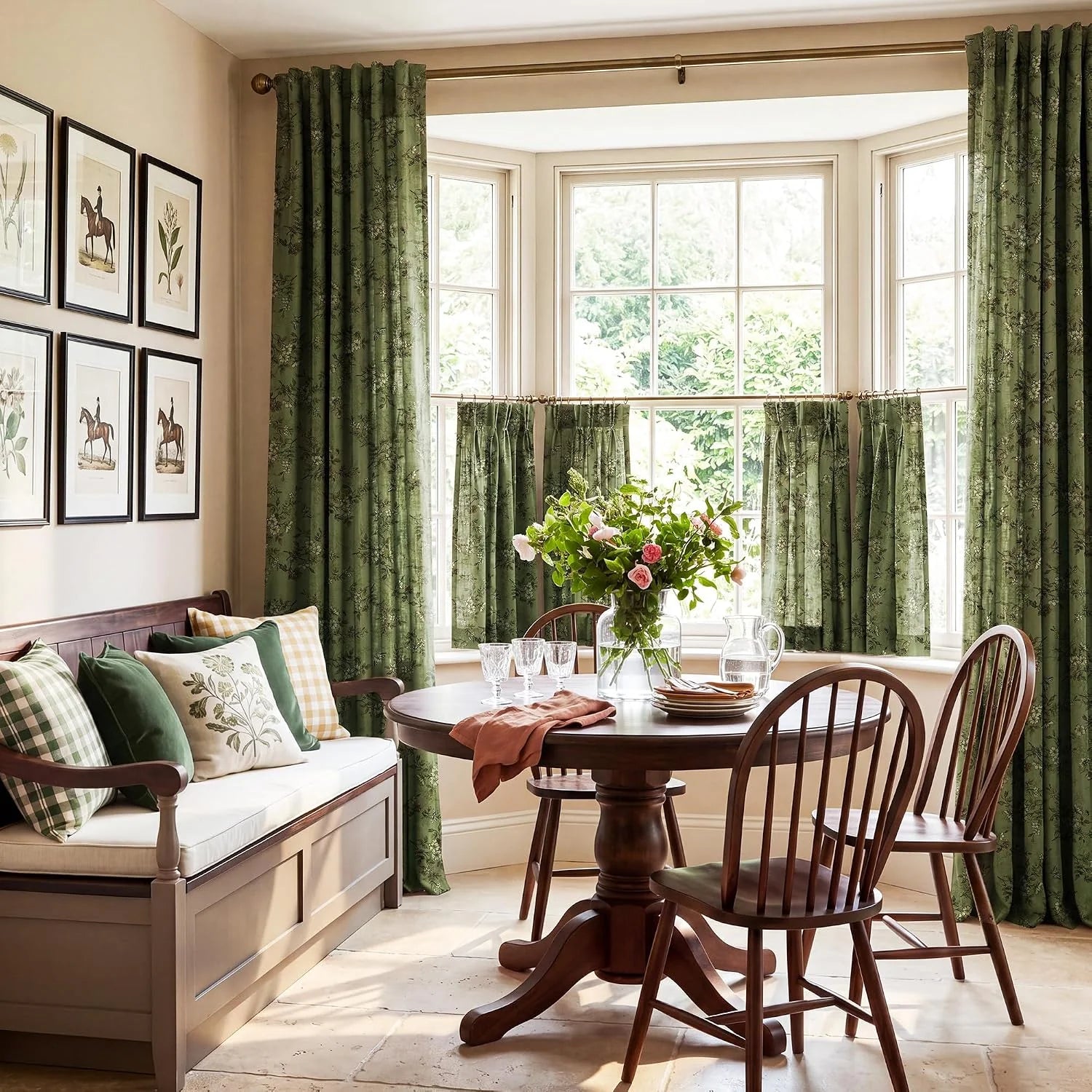 Sage green floral curtains in a cozy dining nook with wooden table and chairs