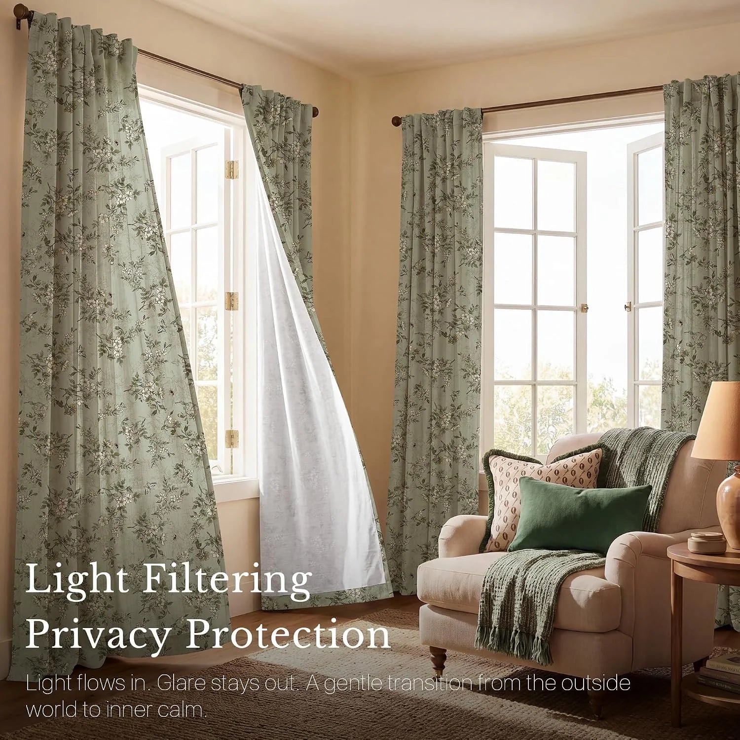 Sage green floral light-filtering curtains in a cozy beige living room