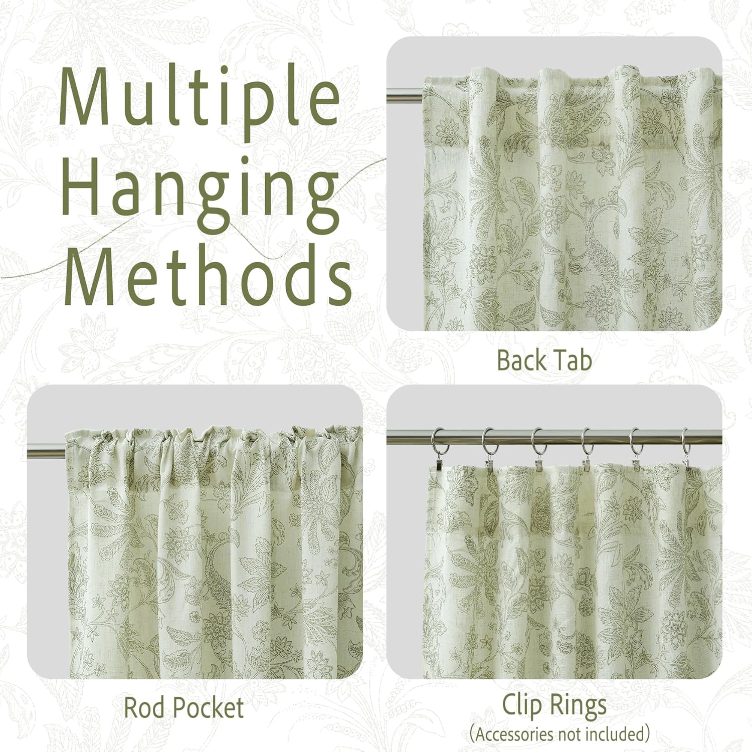 Sage floral linen curtains display back tab, rod pocket, clip ring hanging methods.