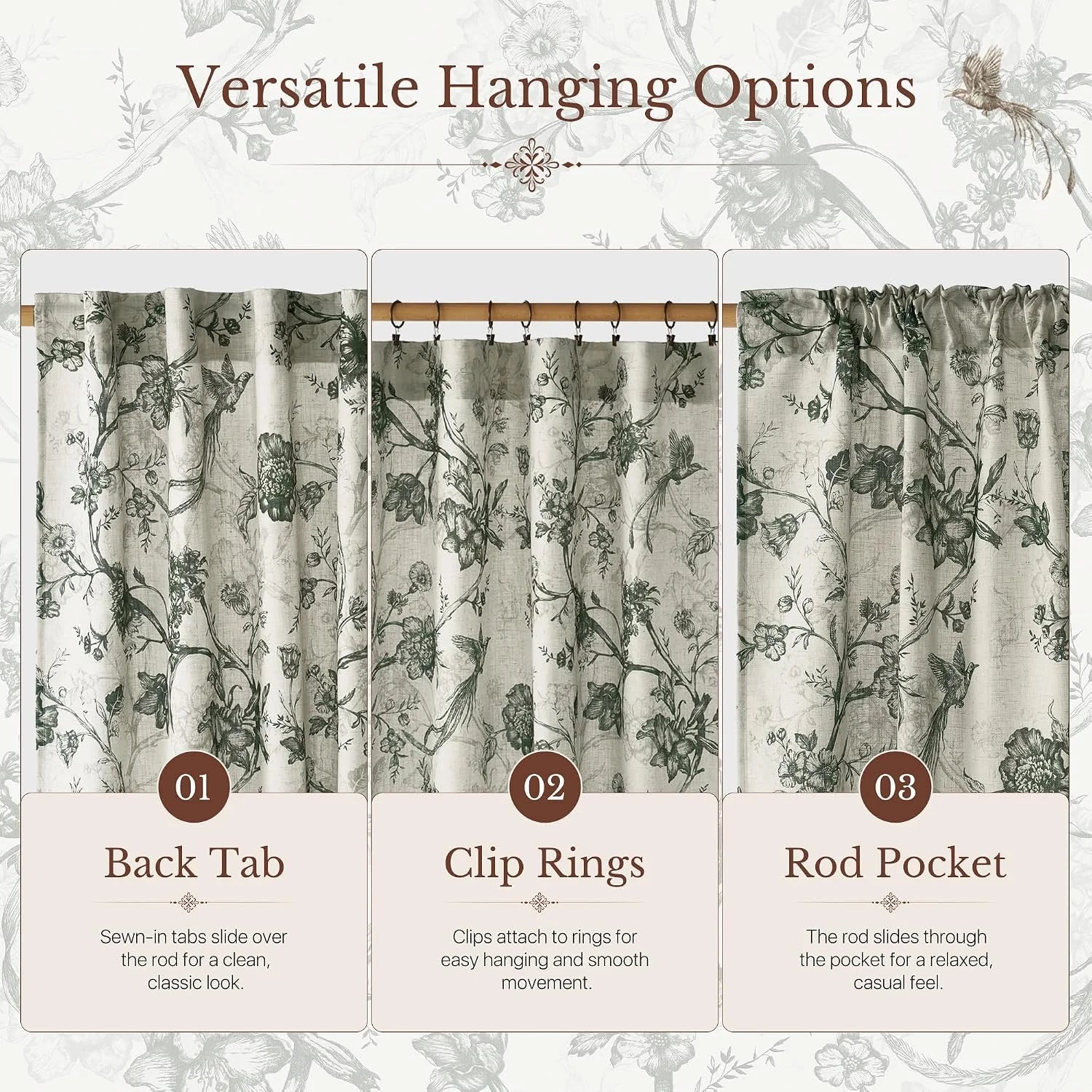 Infographic showing sage floral linen curtains with back tab, clip rings, and rod pocket styles