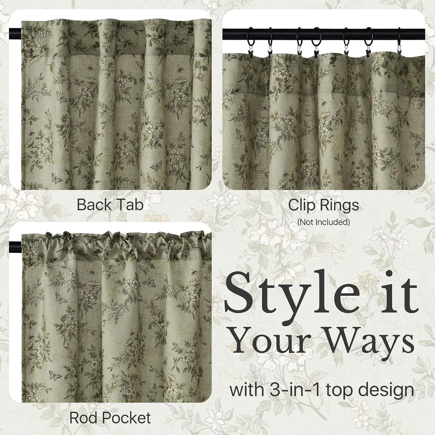 Sage green floral curtain panel with back tab, rod pocket, and clip ring header options