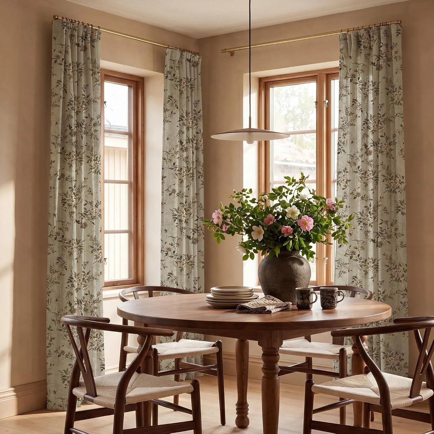Sage floral linen curtains framing wood windows in a warm, modern dining room