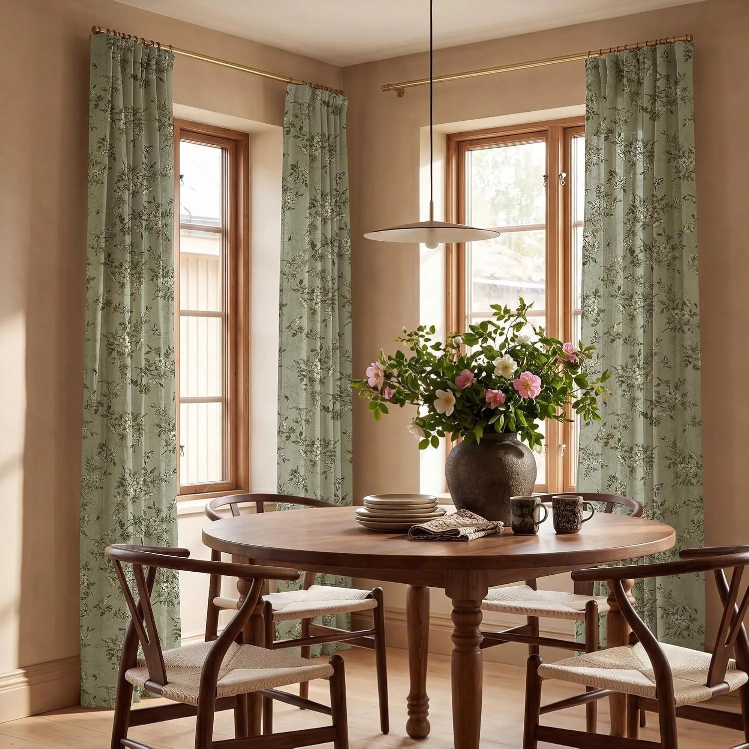 Sage green floral curtains framing wood windows in a warm modern dining room