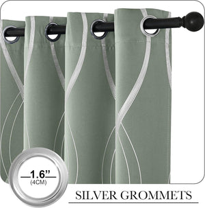 Close-up of sage green curtains with a modern white abstract line pattern, featuring 1.6-inch silver grommets on a dark rod.