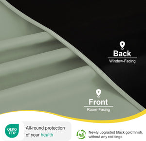 Close-up of sage green blackout curtain fabric, showing smooth front and deep black window-facing back.