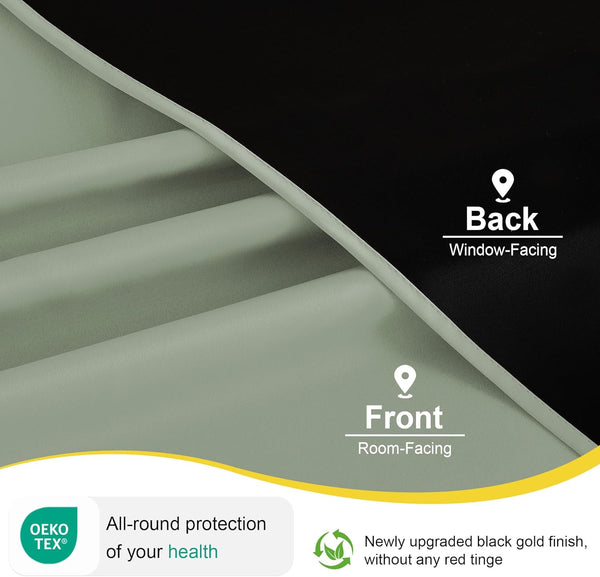 Close-up of sage green blackout curtain fabric, showing smooth front and deep black window-facing back.