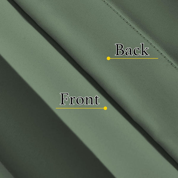 Detailed view of sage green fabric, illustrating the slight texture of the front and the smoother, darker insulated back.
