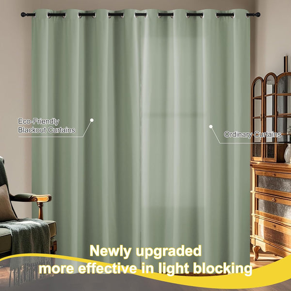 Sage green blackout curtains with black grommet tops hanging on a rod, demonstrating effective light blocking.
