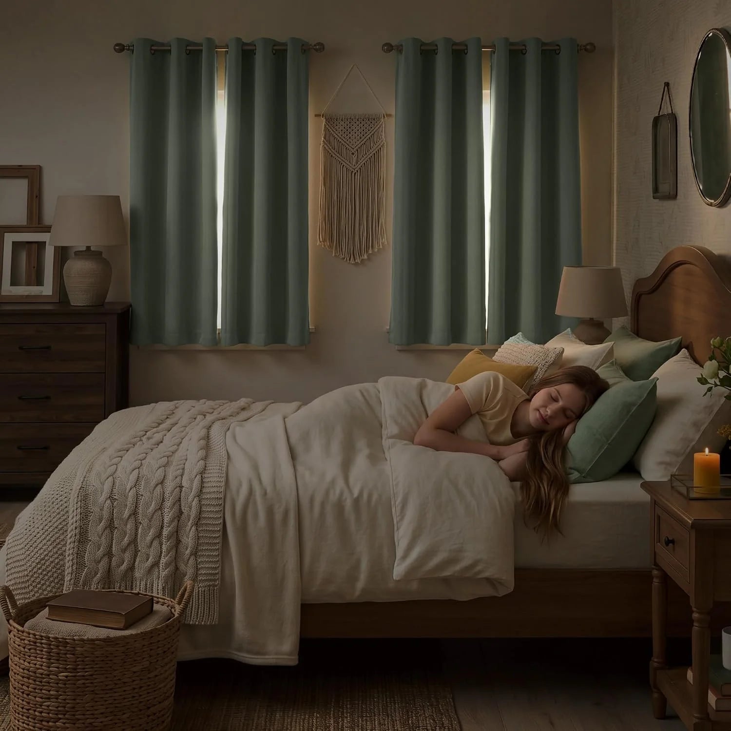 Sage green blackout grommet curtains in a bedroom, with a sleeping person and warm lighting.
