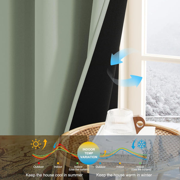 Sage green thermal blackout curtain showcasing energy efficiency by regulating indoor temperature.