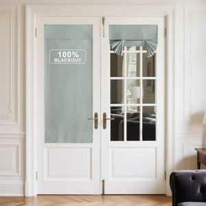Light sage green 100% blackout full panel and tie-up Roman shade on white French doors.