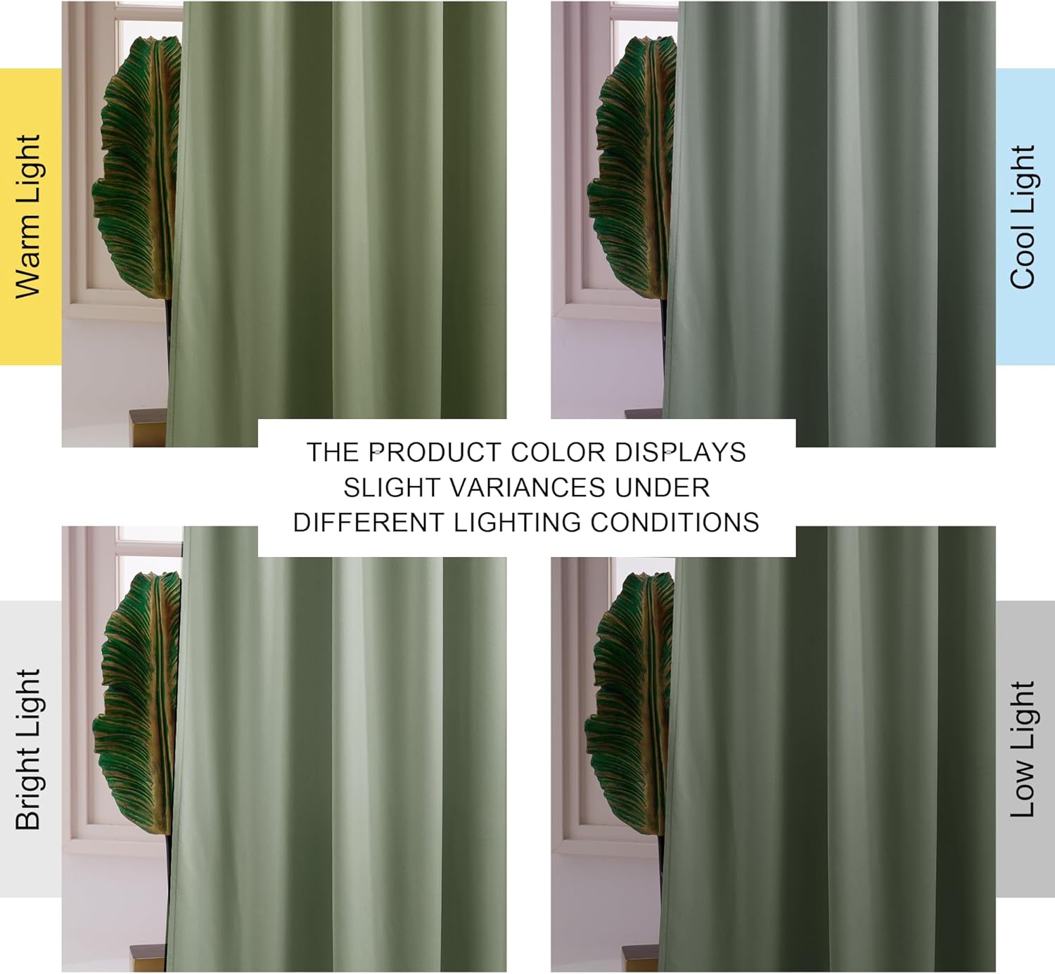 Sage green curtain demonstrating color changes under warm, cool, bright, and low light.