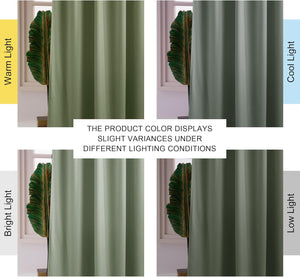 Sage green curtain demonstrating color changes under warm, cool, bright, and low light.