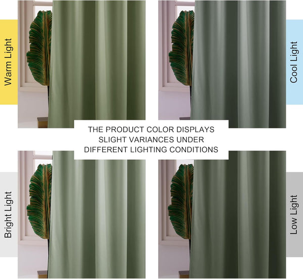 Sage green curtain demonstrating color changes under warm, cool, bright, and low light.
