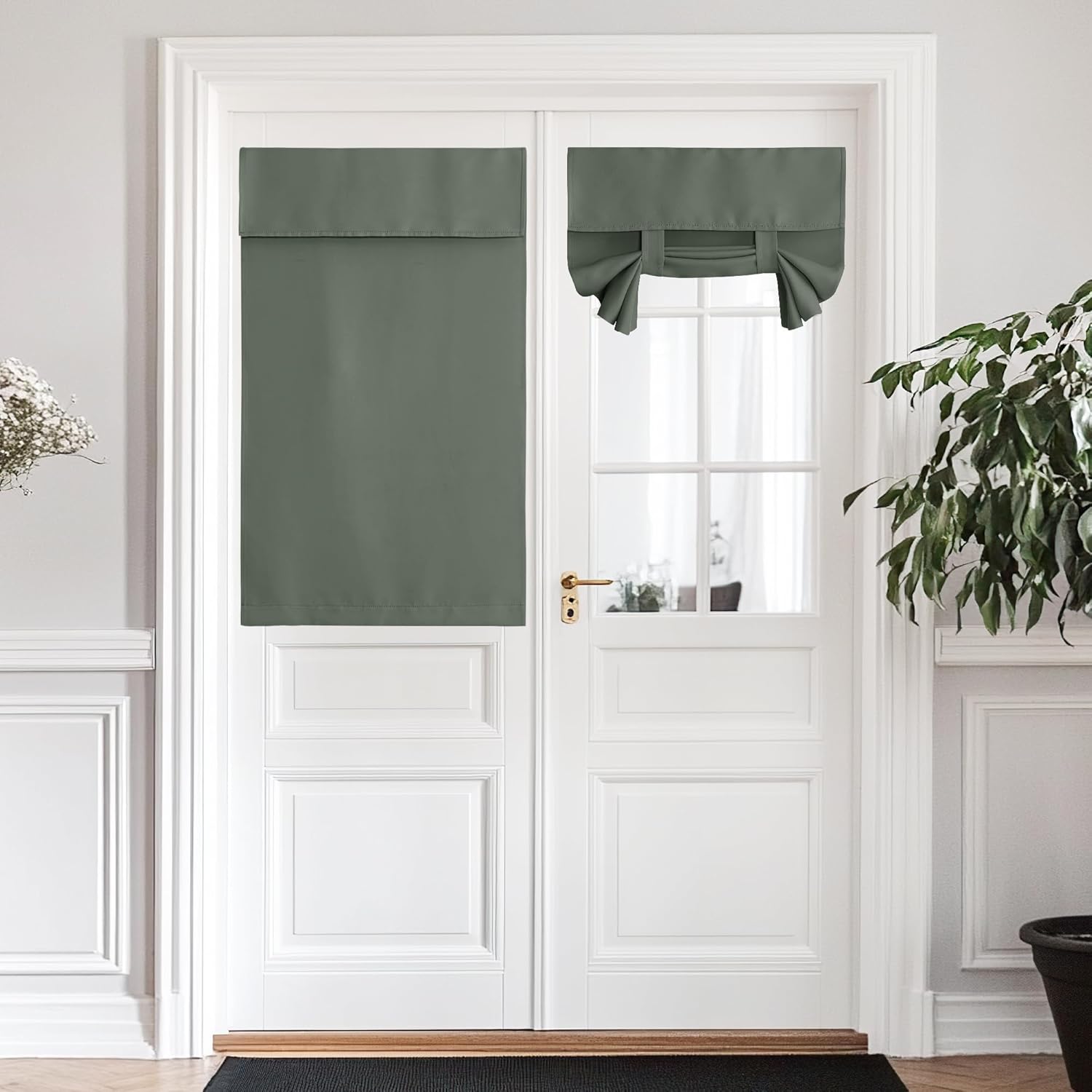 Sage green opaque full panel and tie-up door window shades on white double door, offering privacy.